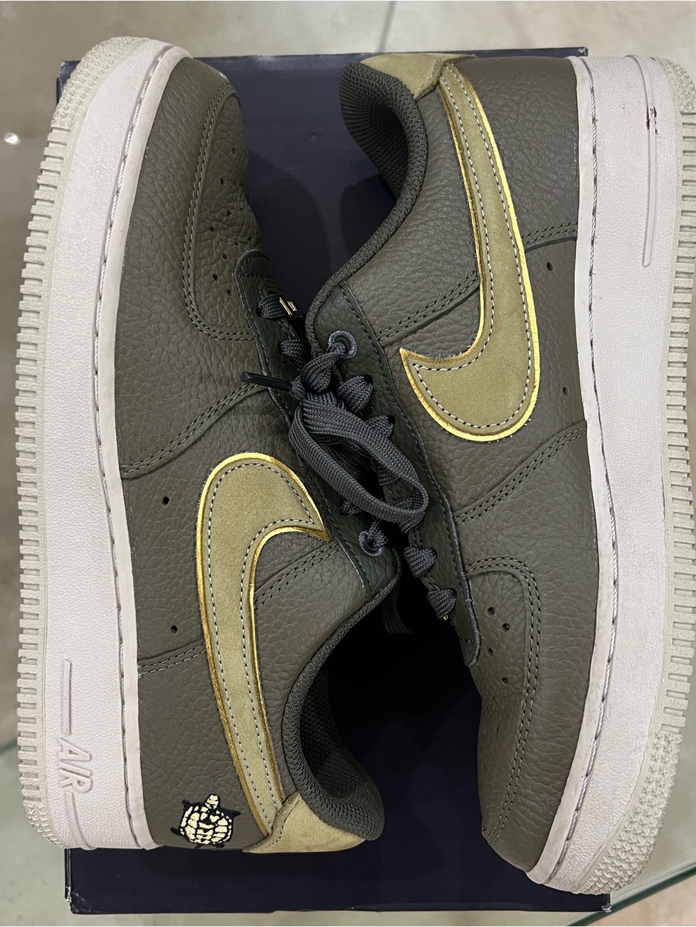 Nike Air Force 1 Men's Olive Green Sneakers with Gold Swoosh